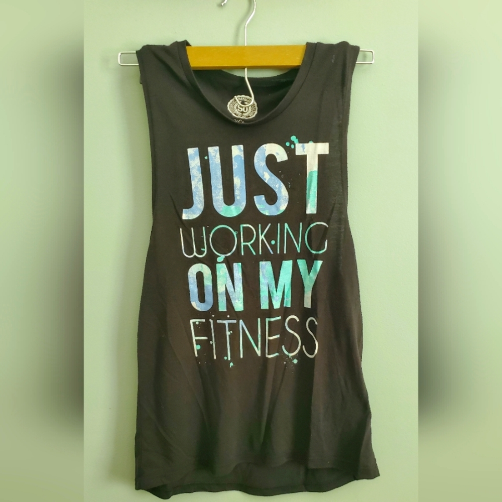 Black muscle workout shirt with text. Size M